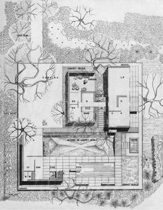 a drawing of a house surrounded by trees and bushes, with the ground plan drawn out