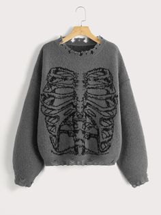 Grey Casual Collar Long Sleeve Fabric Halloween Pullovers Embellished Non-Stretch  Women Knitwear Star Pattern Clothes, Goth Wishlist, Grunge Sweaters, Goth Sweaters, Grunge Aesthetic Clothes, Punk Sweater, Punk Skeleton, Skeleton Pattern