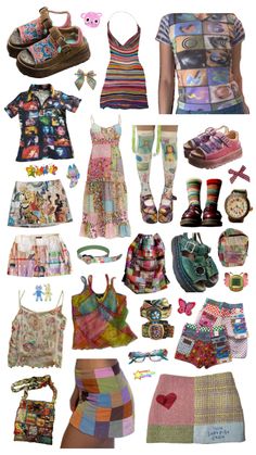 many different types of clothing and accessories are arranged in the shape of a collage