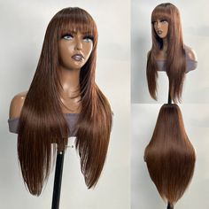 ※Item: Sunber Chocolate Brown Straight Glueless Wigs Affordable Human Hair Wigs ※Wigs Style: Machine Made Wigs ※Wig Density:150% Density ※Hair Material: 100% Human Hair Wigs Without Chemical Processed ※Hair Color: Chocolate Brown Color ※Cap Size: 22-22.5 inches(54-58cm) ※Texture: Straight hair wigs with bangs, Soft, Comb Easily, Minimal Shedding, No Tangling Brown Bangs, Affordable Human Hair Wigs, Natural Looking Curls, Layer Cut, Medium Hair Color, How To Wear A Wig, Glueless Wigs, U Part Wigs, Long Layered Haircuts