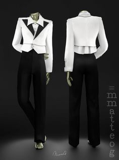 two mannequins dressed in black and white clothing, one wearing a tuxedo