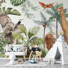 an animal themed children's room with jungle wallpaper and playroom furniture, including a teepee tent