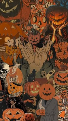 a collage of halloween images with pumpkins and skeletons