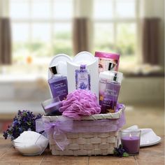 Spoil yourself with our elegant Spa gift basket set of luxurious and pampering bath and body products in an upscale white lattice basket. Her skin feels instantly soothed, pampered and hydrated with our luxurious bath items. Relaxing and rejuvenating Lavender essential oils uplifts the mind, promote overall well-being. The delicate floral aroma takes you away to the French countryside of lush lavender fields to soothe mind, body and spirit. We use all full size 8 oz. bath products and each and every gift is hand packed and created by talented gift baskets artisans. Our gifts are not mass produced and put together by machines nor are they run through shrink wrap machines. All of our gifts are hand crafted, hand wrapped and finished with hand tied bow for a truly one of a kind experience. In Spa Basket, Lavender Lotion, Lavender Spa, White Lattice, Lavender Gifts, Gift Baskets For Women, Wine Gift Baskets, Spa Gift Basket, Bath And Body Products