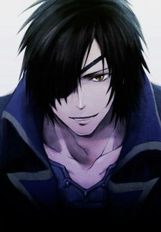 an anime character with black hair and yellow eyes looking at the camera while wearing a blue jacket