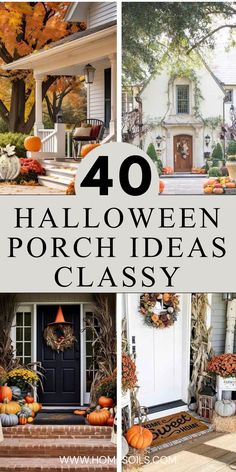 the front porch is decorated for halloween with pumpkins and wreaths on it, and in