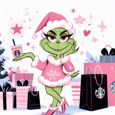 a cartoon character dressed in pink holding a starbucks cup and wearing a santa claus hat