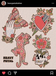 some stickers that are on the back of a cell phone, with flowers and cats