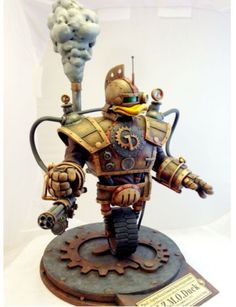 a statue of a robot with steam coming out of it's head and arms