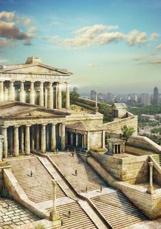 an ancient building with columns and steps in the foreground, surrounded by other buildings