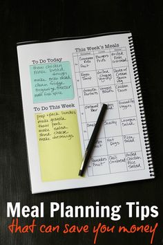 a notepad with the words meal planning tips that can save you money on it