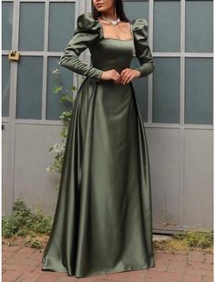 A-Line Evening Gown Elegant Dress Formal Christmas Red Green Dress Sweep / Brush Train Long Sleeve Square Neck Satin with Pleats Ruched 2024 Red Green Dress, Gown Elegant, Dresses Formal Elegant, Modest Dresses Casual, Fancy Dresses Long, Evening Gowns Elegant, Designer Dresses Casual, Quick Outfits, Stylish Dress Book