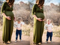 a pregnant woman is holding her son's belly