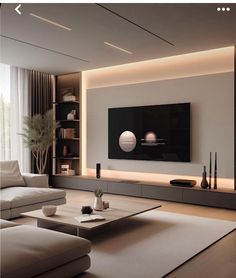 modern living room with white furniture and large screen tv