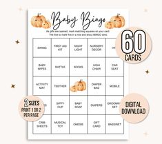 a baby shower game with pumpkins on it and the words, baby bingo cards