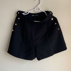 Zara High Waist Black Dress Shorts With Gold Buttons. Size M. Never Worn. Elegant Buttoned Shorts For Spring, Chic Black Shorts With Buttons, Black Shorts With Buttons For Spring, Chic Black Zara Shorts, Zara Black Shorts For Night Out, Elegant Black Shorts For Going Out, Elegant Black Zara Shorts, Elegant Black Shorts For Date Night, Black Dress Shorts