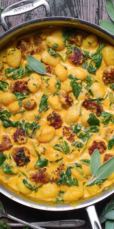 Creamy Pumpkin Gnocchi with Spinach and Italian Sausage in a stainless steel pan. Creamy Pumpkin And Sausage Gnocchi, Creamy Pumpkin Gnocchi Recipes, Fall Recipes Gnocchi, Creamy Spinach Gnocchi Recipes, Creamy Pumpkin Gnocchi With Spinach And Sausage, Fall Soups Gnocchi, Sweet Italian Sausage Gnocchi Recipes, Pork And Pumpkin Stew, Pumpkin Gnocchi With Sausage