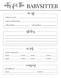 a babysitter's birth card with the words, notes for the babysitter