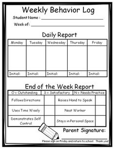 the weekly behavior log is shown in black and white, with pencils on it