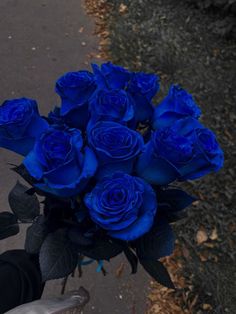 a bouquet of blue roses in someone's hand