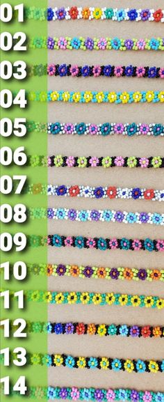 the numbers are lined up in rows on the wall, and each row has different colored beads