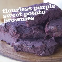 some brownies stacked on top of each other with the words flourless purple sweet potato brownies