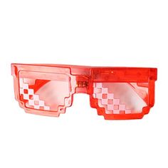 a pair of red glasses with white squares on the side and pink lens lenses in front