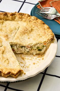 a plate with a pie on it and a fork next to the rest of the pie