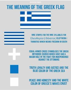 the meaning of the greek flag is shown in blue and white, as well as other symbols