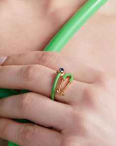 Made in 18K gold over brass Hand filled enamel Use our Ring Sizer to find your perfect fit Band height: 14 mm Stone size: 3 mm genuine grade AAA white CZ Healthcare Workers, Enamel Ring, Ring Sizer, Pharmacist, Kelly Green, House Warming, 18k Gold, Blue Green, Perfect Fit