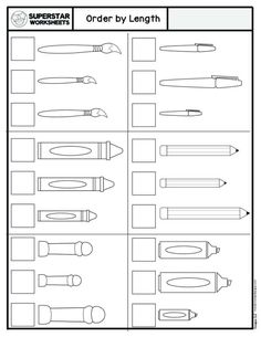 an order by length worksheet with different types of pens and pencils on it