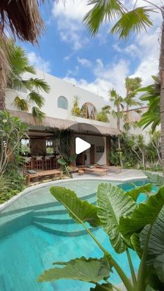 an outdoor pool surrounded by palm trees and greenery with a house in the background