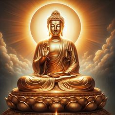 a golden buddha statue sitting on top of a cloud covered ground with the sun behind it