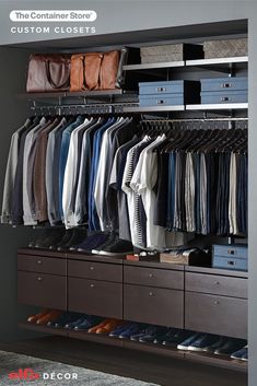 an organized closet with clothes and shoes