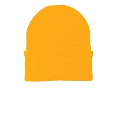 a yellow beanie hat on a white background