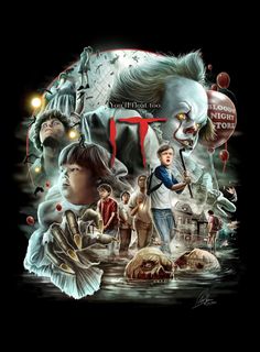 the movie poster for it is shown with clowns and other characters in front of them