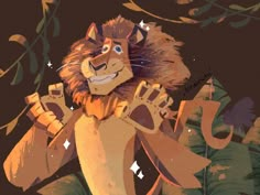 the lion is standing in front of some plants and leaves with his hands on his chest