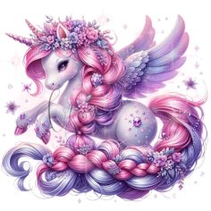 a unicorn with pink hair and wings sitting on top of a pile of braids