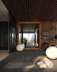 an exercise room with yoga mats, balls and other items on the floor in front of a large window