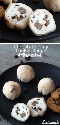 chocolate chip cookie dough and cookies on a black plate with text overlay that says chocolate chip cookie dough