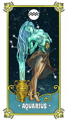 the aquarius tarot card is shown with an image of a woman holding a vase