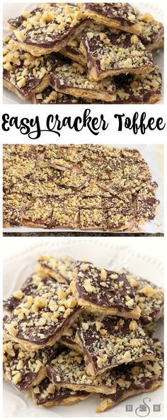 three different views of chocolate cracker toffes on a white plate with the words easy cracker toffe