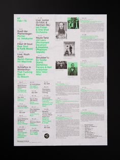 a black and white poster with green text on it's side, featuring images of people