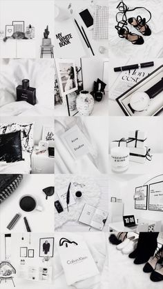 various black and white images with different items on them