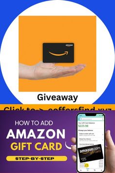 the amazon gift card is being held by someone's hand with an orange and blue background