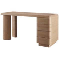 a wooden desk with five drawers on one side and two legs at the other end