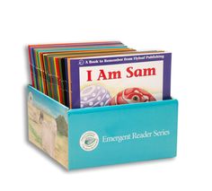 a stack of children's books sitting in a blue book holder with the words i am sam on it