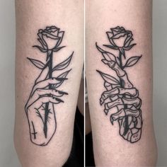 two tattoos on the legs of people with roses in their hands and one is holding a knife