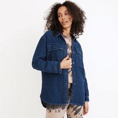 Soft, Gauze-Y And Warm, This Shirt Jacket Is Made Of Double-Weave Denim That's A Rich Indigo On The Outside And Herringbone On The Flip (Roll Your Sleeves To Show It Off). Oversized And To-The-Hip, It's A Perfect Top Layer. Size: Small Regular Fit. Body Length: 29 1/2" (Based Off Medium) 100% Cotton Denim. Lightweight. Machine Wash. Inc585 Nwt Denim Shirt Jacket, Madewell Jacket, Double Weave, Madewell Top, Fit Body, Madewell Denim, Denim Shirt, Herringbone, Shirt Jacket