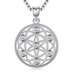 PRICES MAY VARY. DESIGN INSPIRATION - It is said that the seed of life was created by God in 7 days, so the life of the pendant is designed as 7 circles intertwined, and life is closely related. It's like God is guarding you and your loved ones. MATERIAL - The pendant and chain are made of 925 sterling silver, inlaid with shiny zirconia, which is not easily deformed, does not contain any harmful ingredients, and is friendly to the skin. SPECIFICATIONS - The flower size of the life pendant is 0.7 Sterling Silver Flower Necklace With Round Pendant For Gift, Sterling Silver Flower Necklace With Round Pendant, Spiritual Round Pendant Necklace With Filigree, Black Mandala, Sterling Silver Tree Of Life Round Pendant Jewelry, Sterling Silver Tree Of Life Round Pendant, Mandala Necklace, Seed Of Life, Viking Necklace